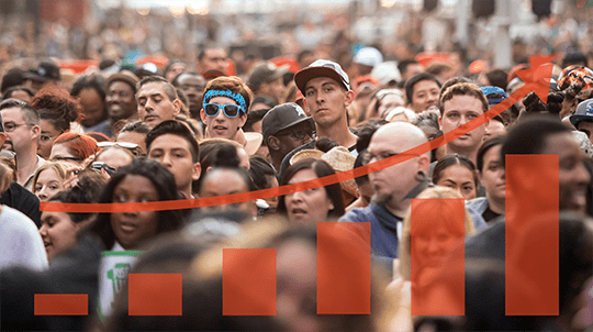 People in a crowd overlayed with a growth chart representing positive social impact