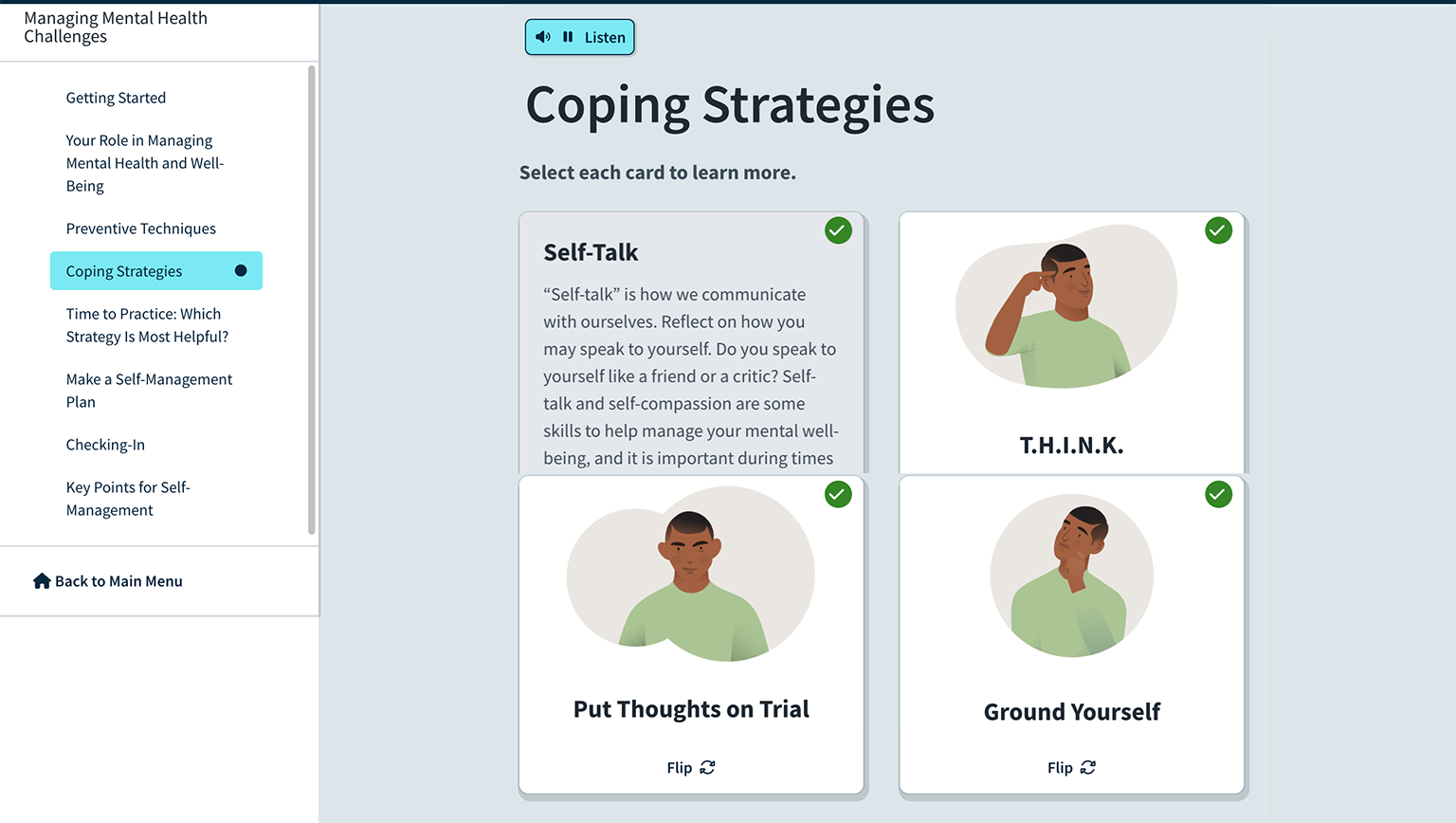 Screenshot from Elevate course showing a module on Coping Strategies